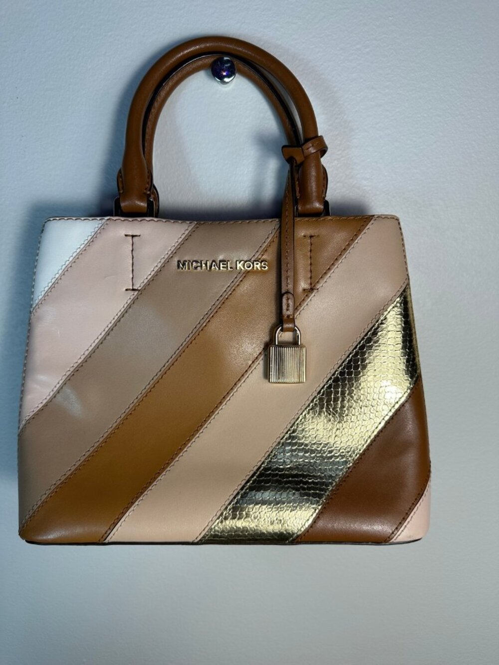 Michael Kors Gramercy Satchel Tri-Color Stripe Leather Bag